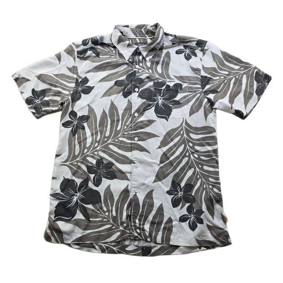 Quiksilver Waterman Shirt Mens Medium Grey White Leaf Print Short Sleeve Camp